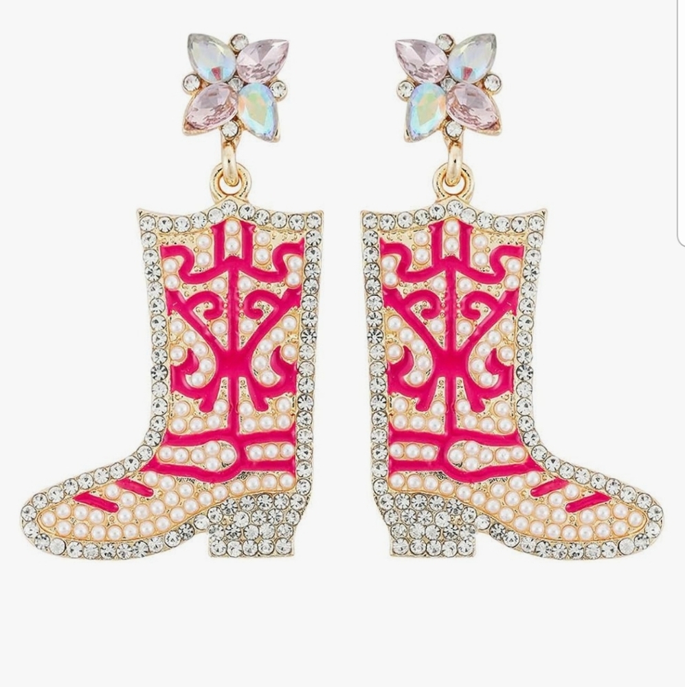 Rose Pink Gold Cowgirl Boots Western Earrings Pearls & Rhinestone Rodeo